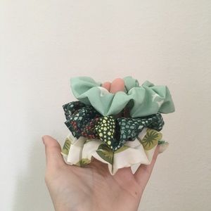 green frog and mushroom hair scrunchie set